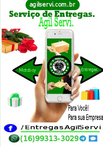 A Ágil Servi Empresa de Entregas Rápidas é AgilServi Motoboy,A Ágil Servi empresa de Entregas Rápidas é AgilServi Motoboy de serviços de motoboy para entregas de documentos e encomendas, as modalidade de entrega rápida da Ágil Servi são diferenciadas e diversificadas atendendo suas necessidades pessoais ou corporativas. A AgilServi Entregas Rápidas é AgilServi Motoboy, Serviço Entregas rápidas com motoboy em Ribeirão Preto. Serviço de Entregas com motoboy em Ribeirão Preto coletas e entregas express. Entregas Rápidas todo dia com a Ágil Servi as modalidades de entregas rápidas efetuadas por motoboy e as entregas de documentos e encomendas chegam com mais agilidade e segurança até o destinatário. Entrega Rápida Expressa. Sua entrega ou serviço, é feita em até 60 minutos, a partir da coleta.
