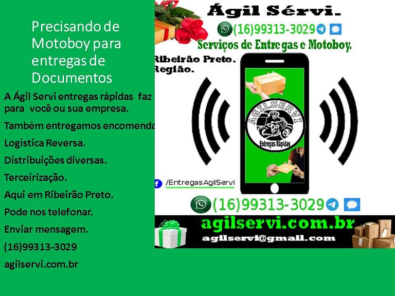Entregas Rápidas e Personalizadas AgilServi modalidade de entregas de documentos com motoboy para entregas rápidas econômicas. Ágil Servi a empresa de motoboy para entregas que te atende no momento que precisa. Com rapidez, segurança, pontualidade e responsabilidade. Atendemos clientes avulsos e esporádicos, empresas, escritórios e ou outros.